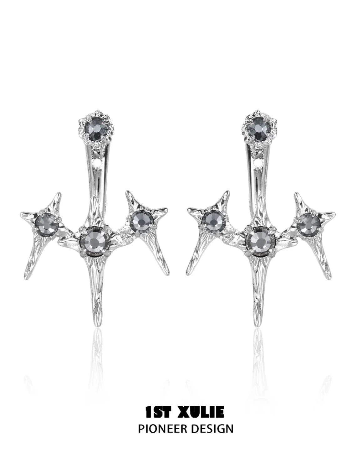 Punk square removable earrings with star-shaped designs and black gemstones for a bold fashion statement