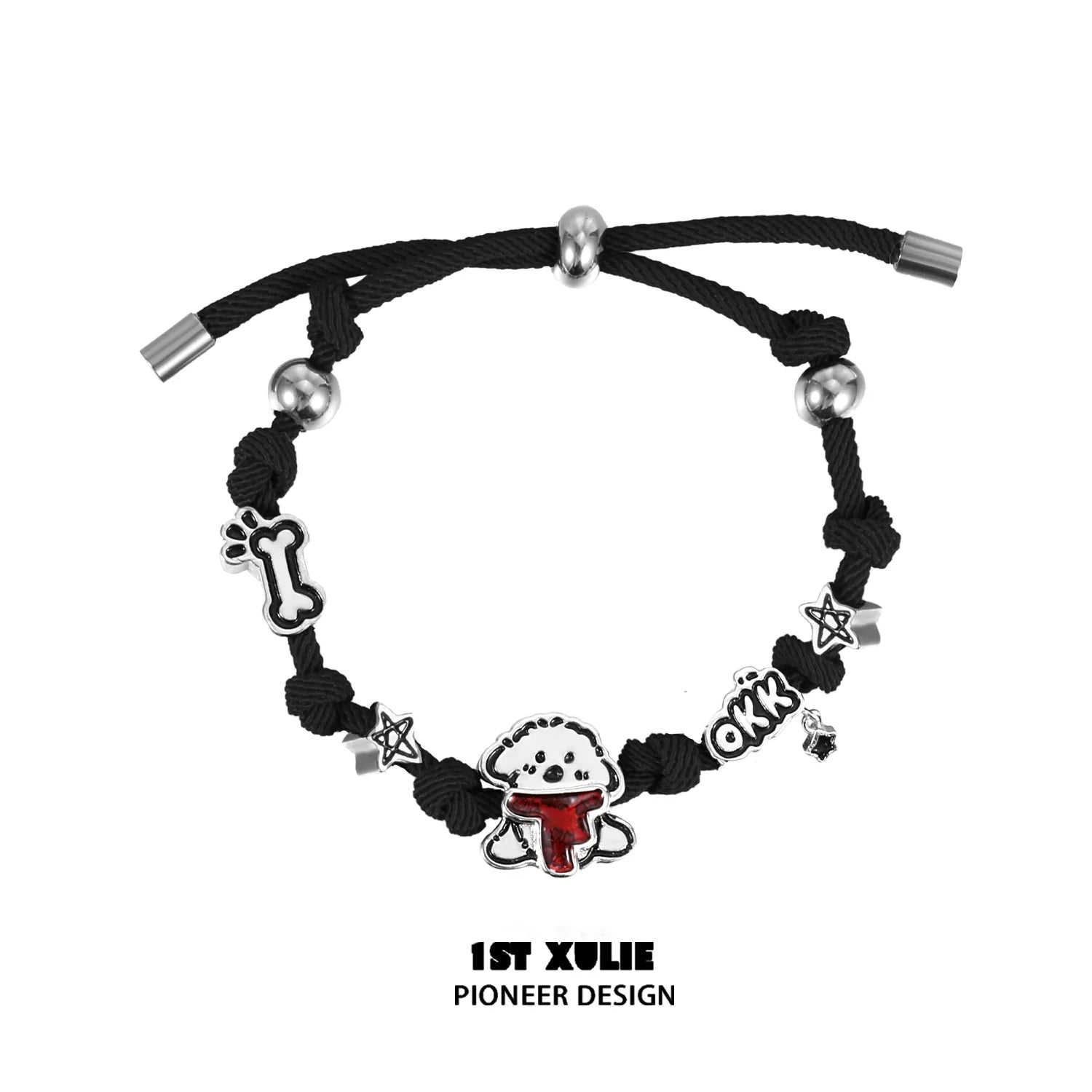 1STXULIE puppy couple braided bracelet with cute dog charms and adjustable design