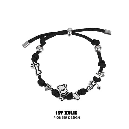 Black puppy couple braided bracelet with cute charms and adjustable closure from 1STXULIE