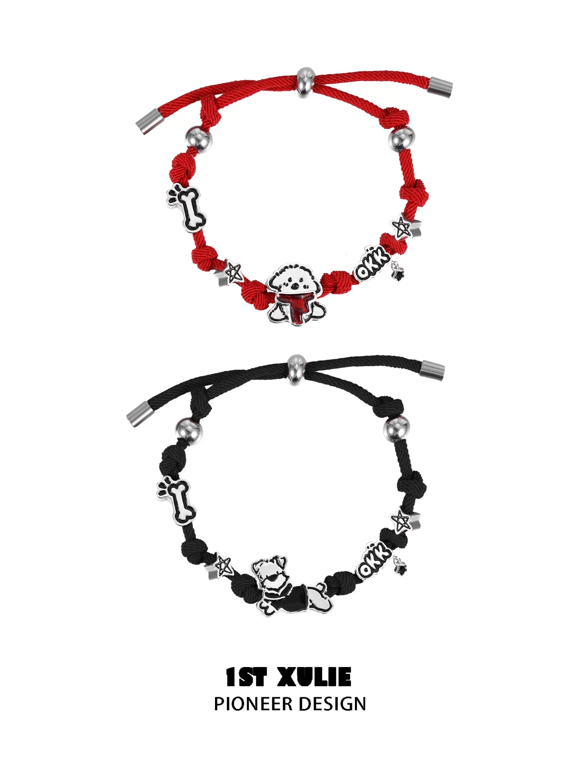1STXULIE puppy couple braided bracelet featuring red and black cords with dog charms