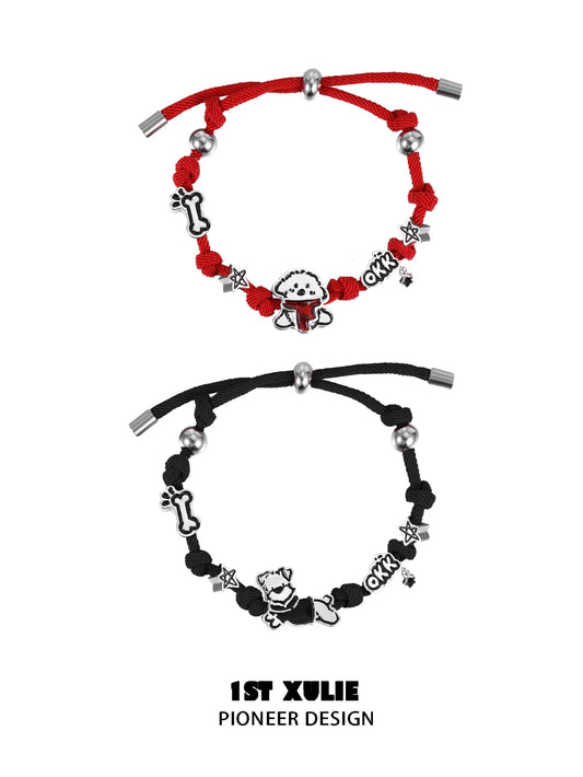 1STXULIE puppy couple braided bracelet featuring red and black cords with dog charms