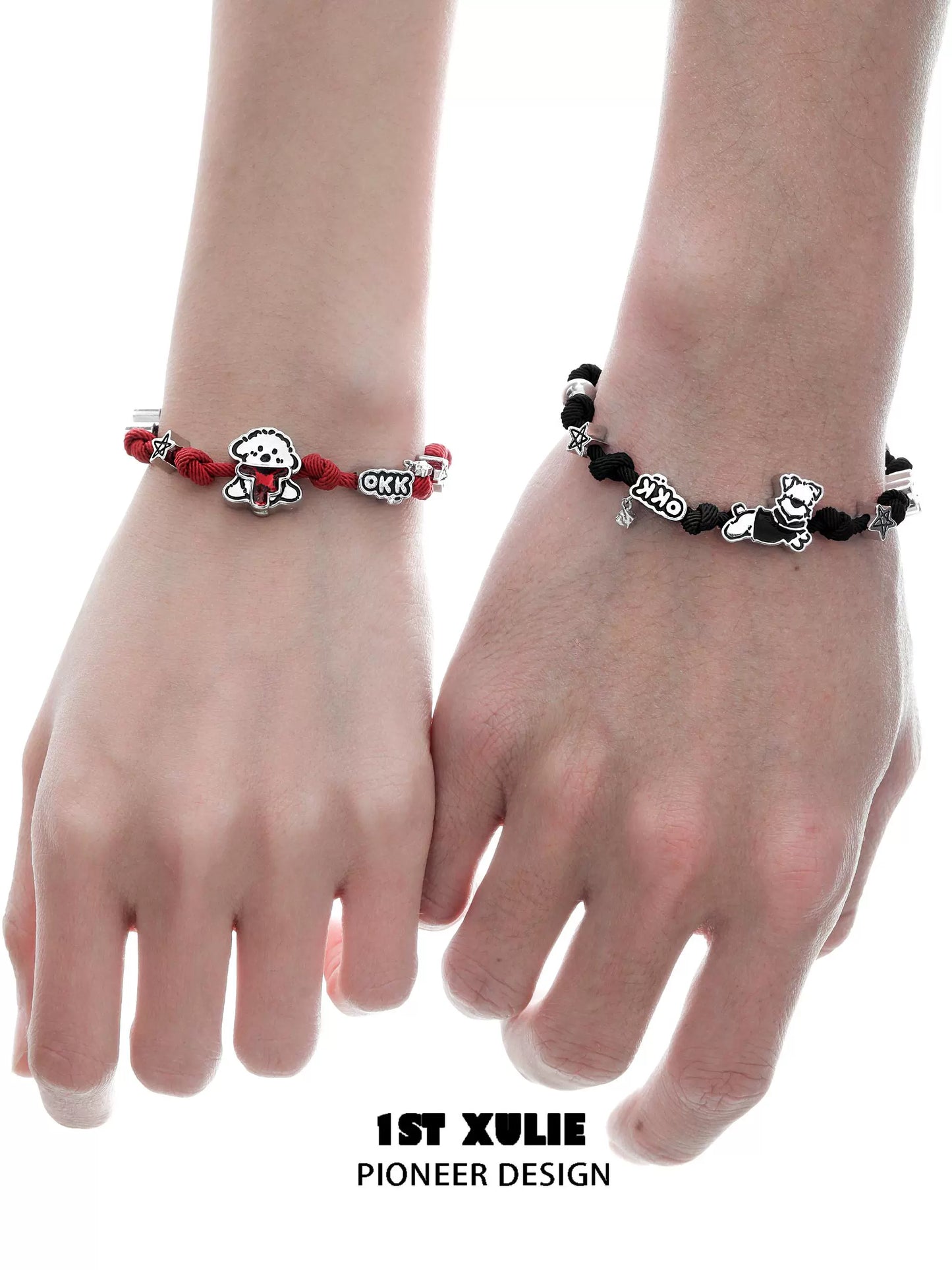 Puppy couple braided bracelet set with red and black designs featuring dog charms for pet lovers