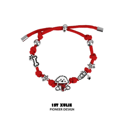 Puppy couple braided bracelet in red with dog charm and decorative elements for pet lovers