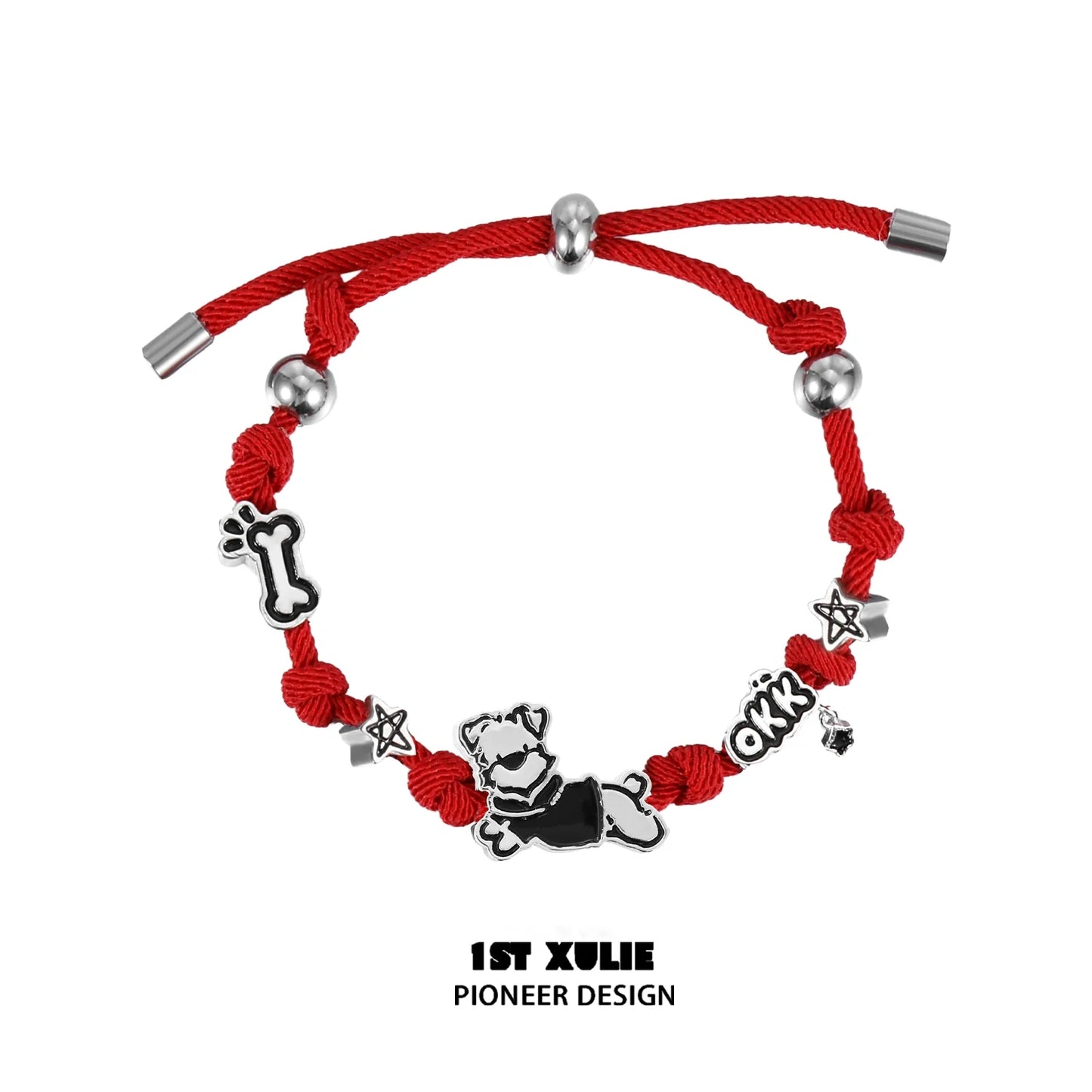Puppy couple braided bracelet in red with dog charms and metal accents for pet lovers
