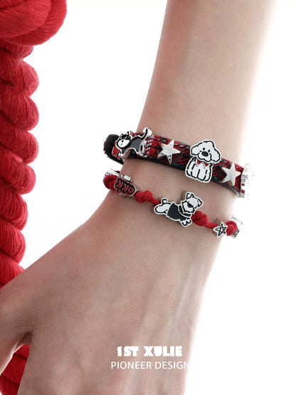 1STXULIE Puppy Couple Braided Bracelet Set in Red with Cute Dog Charms and Stars