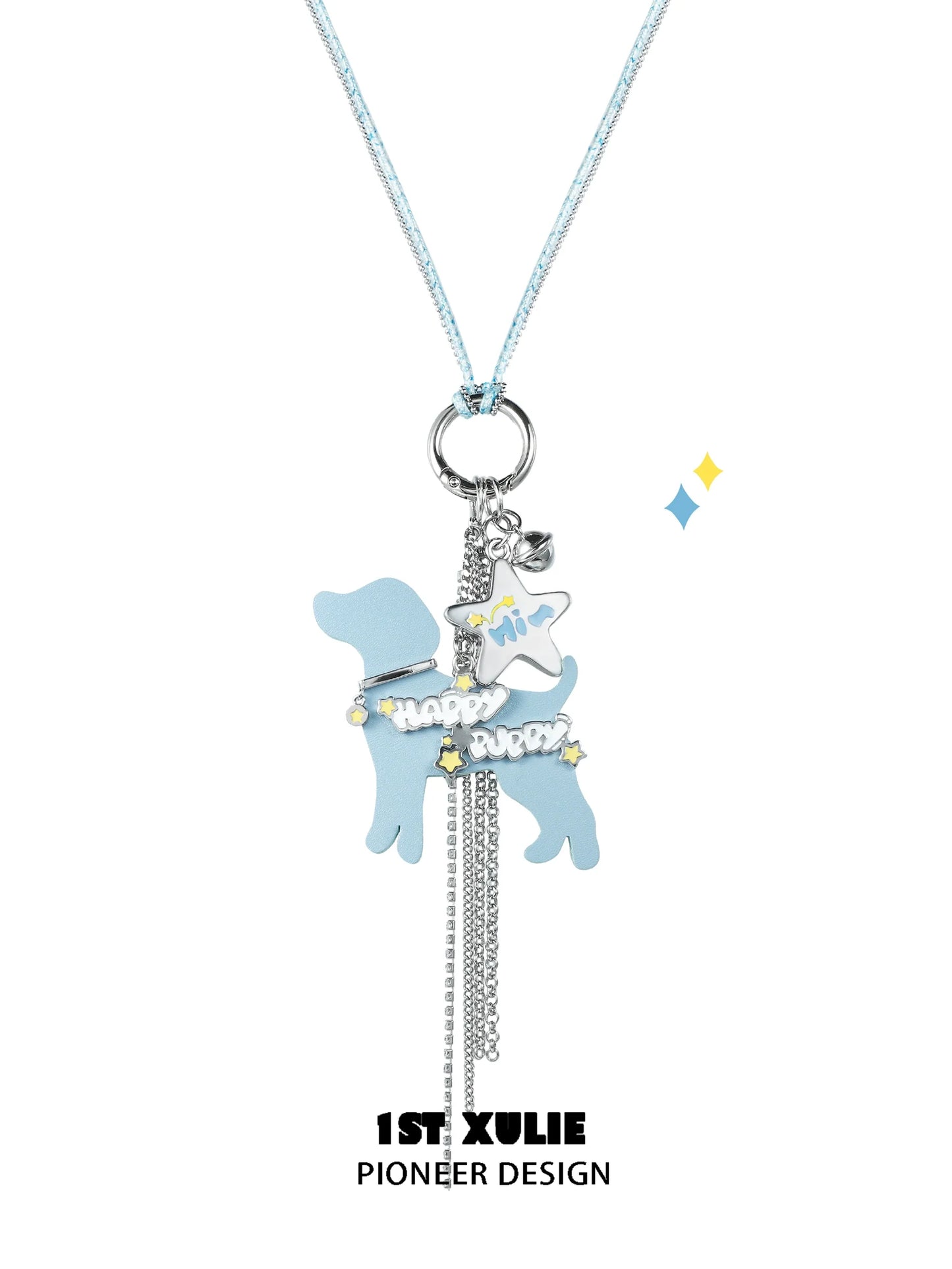 Cute puppy keychain necklace in blue with charm and shiny details for dog lovers