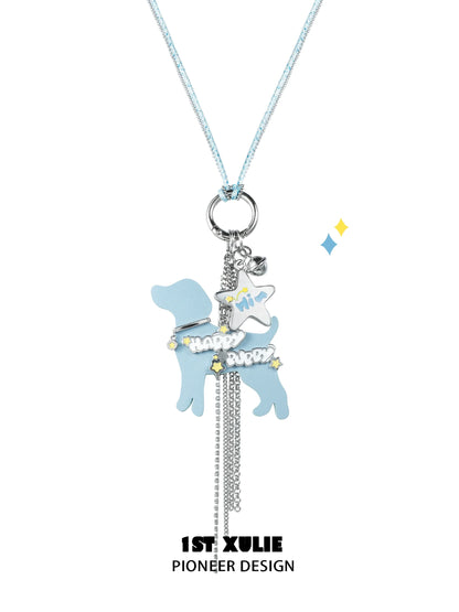 Cute puppy keychain necklace in blue with charm and shiny details for dog lovers