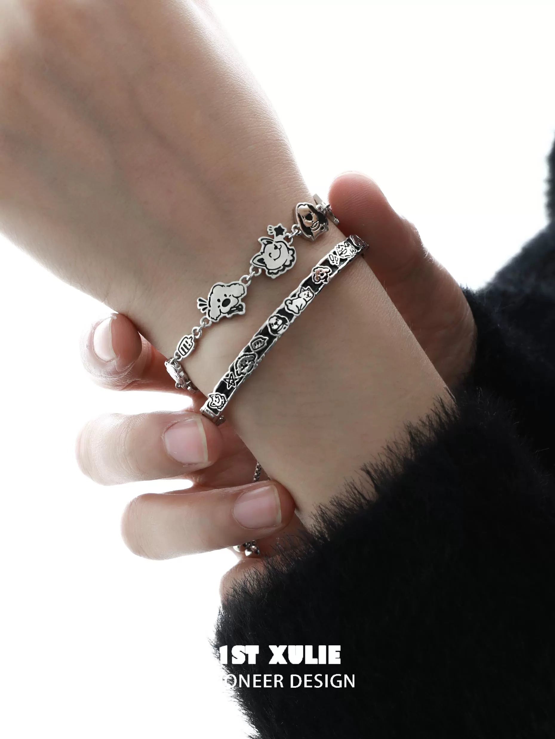 Puppy silver bracelet featuring playful dog charms for animal lovers and stylish accessory enthusiasts
