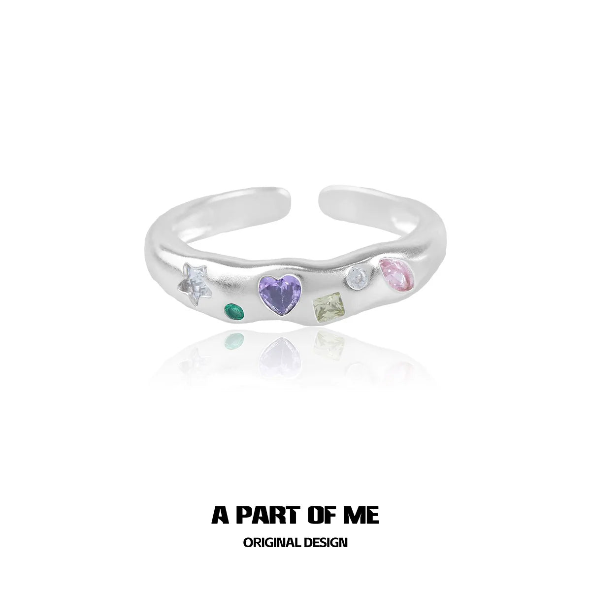A PART OF ME rainbow zircon love ring with colorful gemstones set in a polished silver band