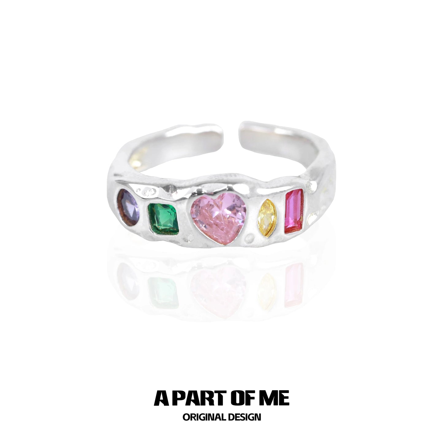 Silver rainbow zircon love ring featuring colorful heart and gemstone accents for a unique style