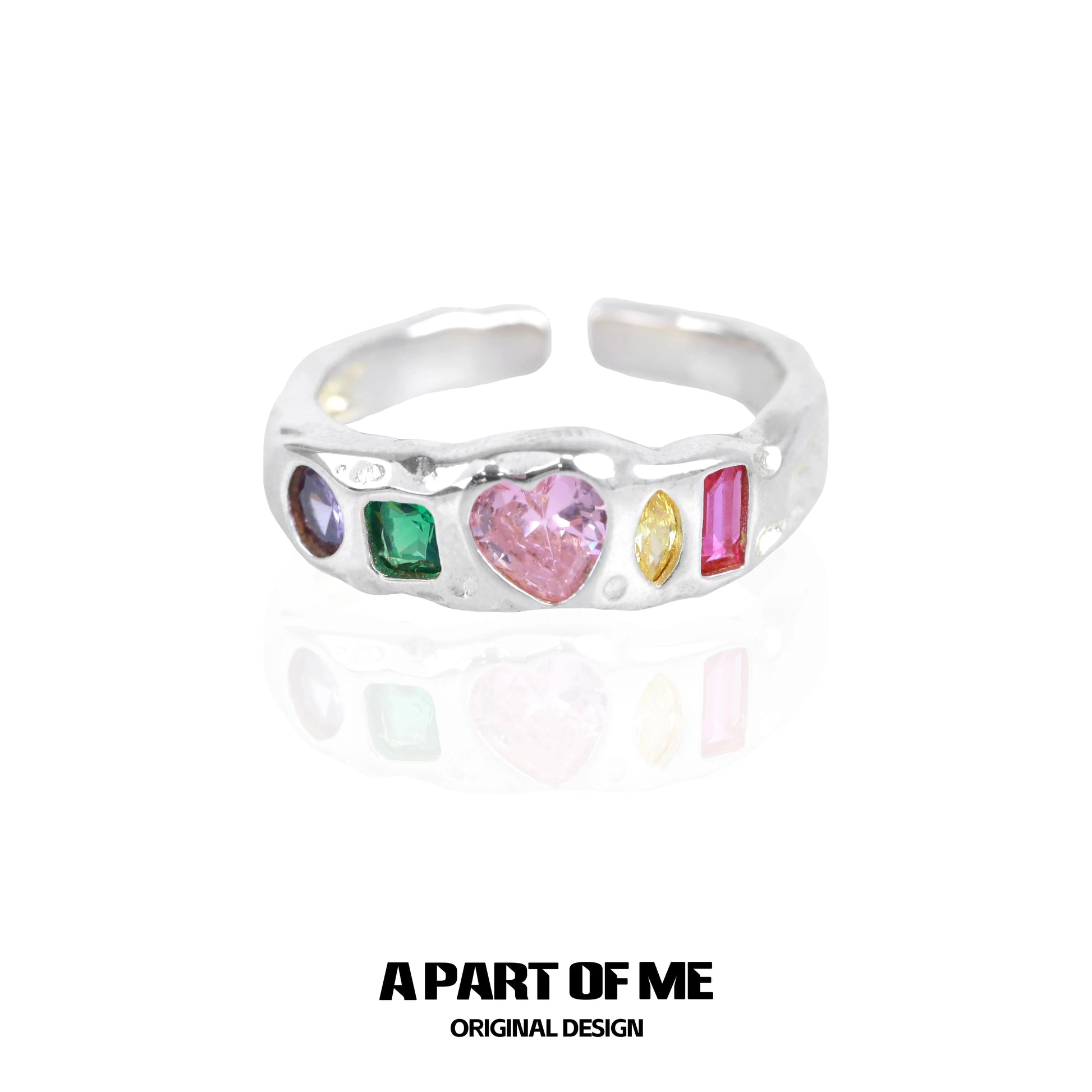 Silver rainbow zircon love ring featuring colorful heart and gemstone accents for a unique style