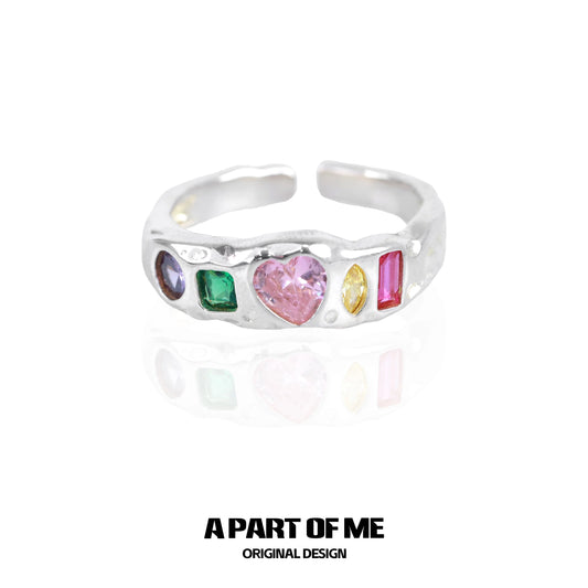 Silver rainbow zircon love ring featuring colorful heart and gemstone accents for a unique style