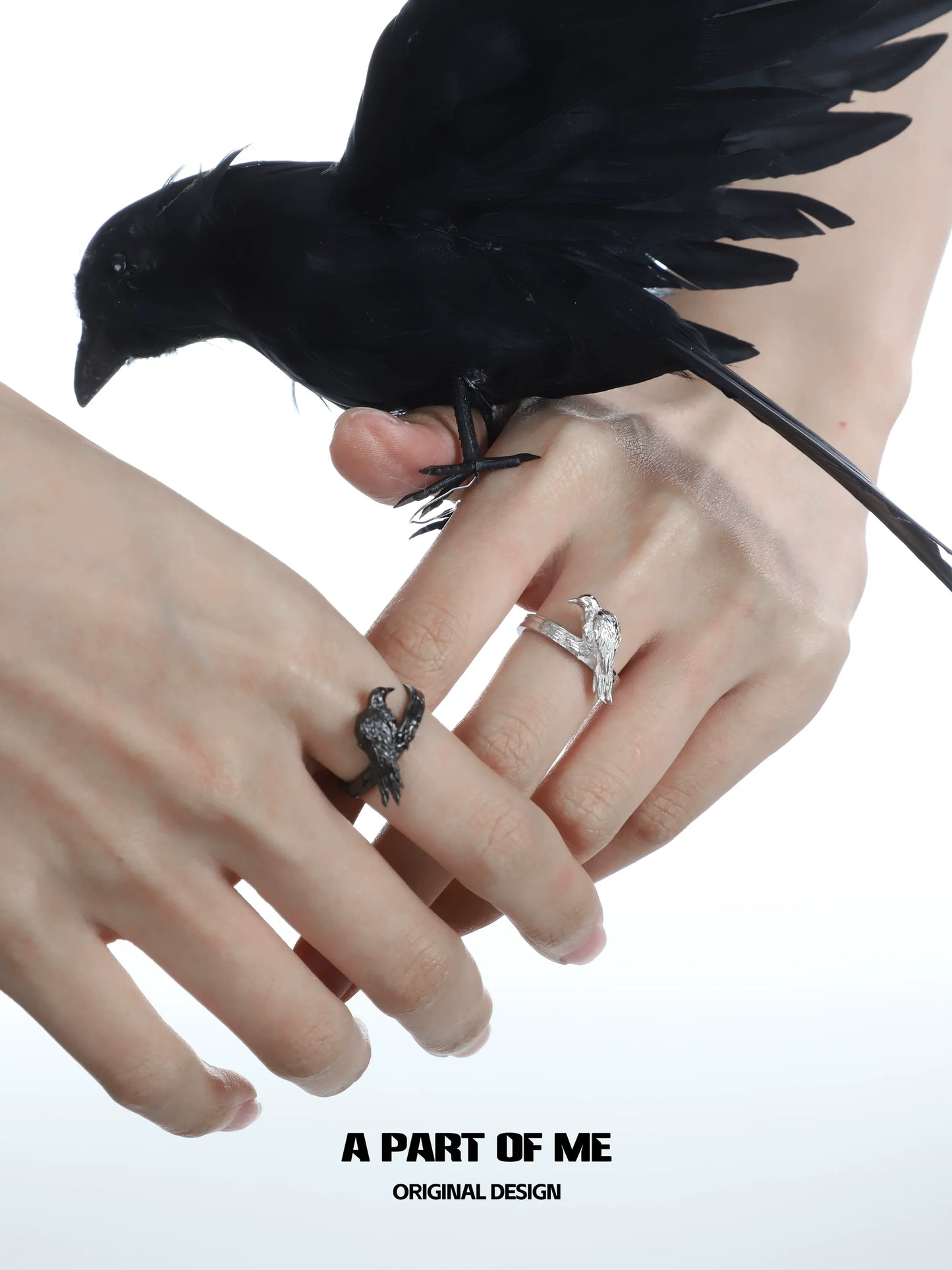 Raven Gothic Ring from A PART OF ME displayed on hands with a raven sitting on them