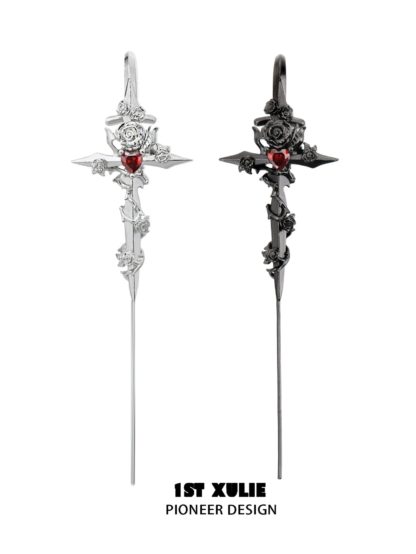 Rebel rose ear piercing needle in silver and black designs featuring a gothic rose and cross details