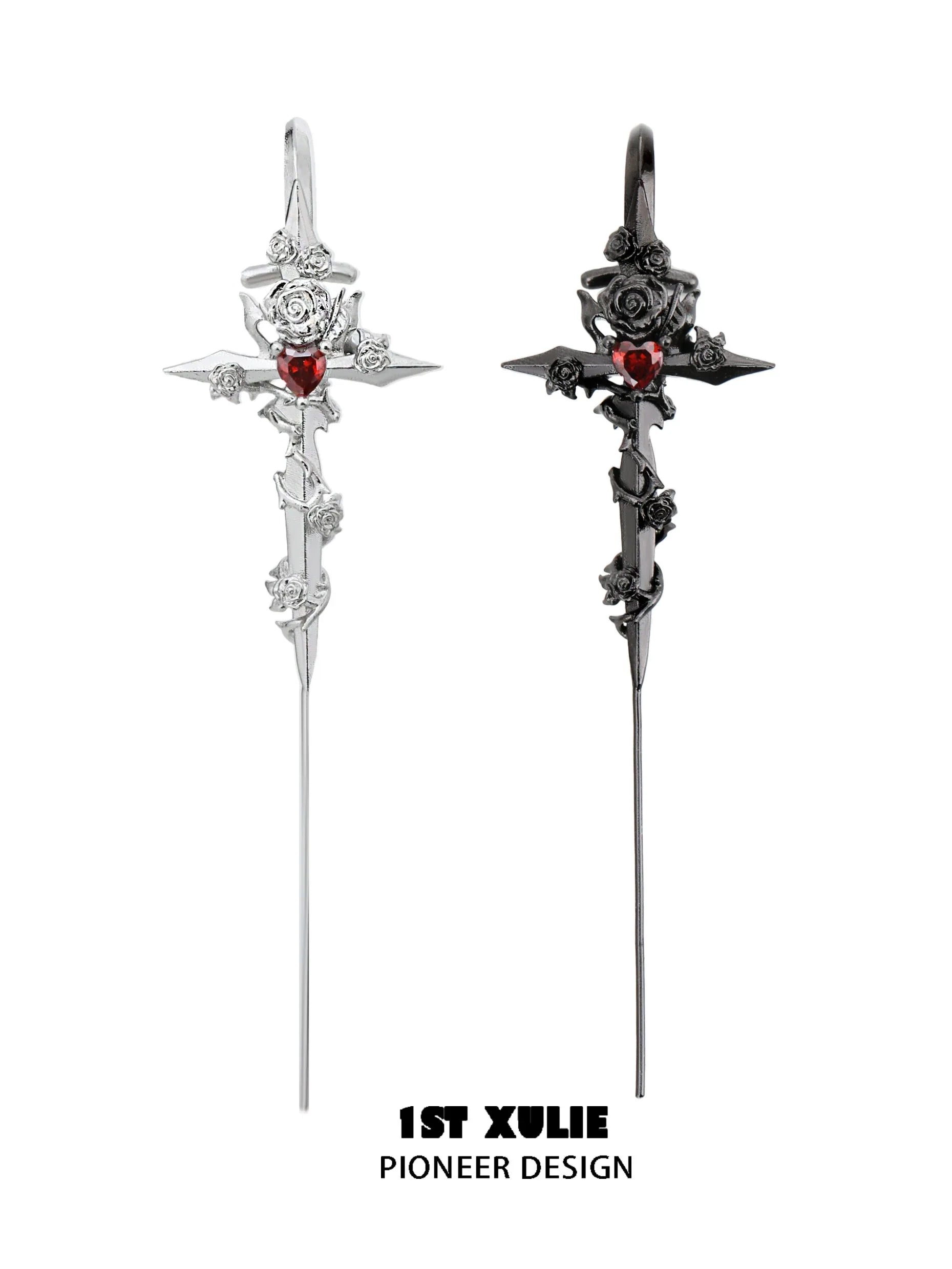 Rebel rose ear piercing needle in silver and black designs featuring a gothic rose and cross details