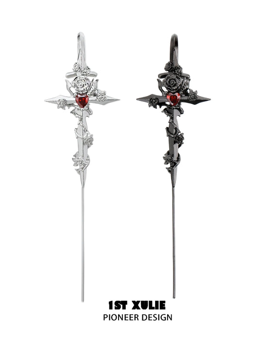 Rebel rose ear piercing needle in silver and black designs featuring a gothic rose and cross details