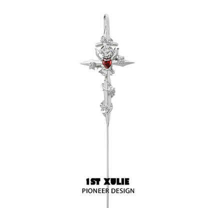 Rebel rose ear piercing needle by 1STXULIE featuring intricate rose design with a red gemstone