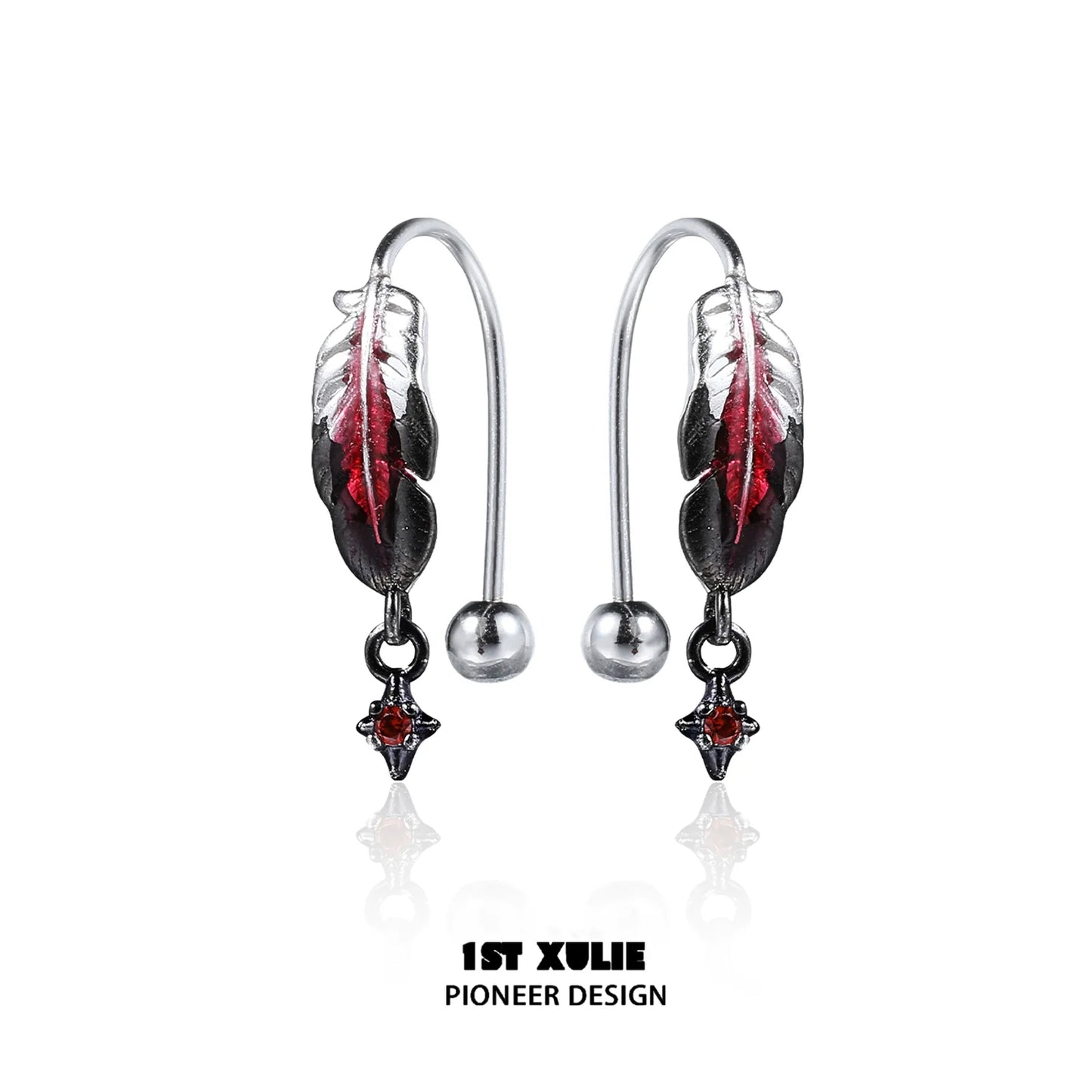 Stylish red feather earrings with metal accents for a trendy look by 1STXULIE