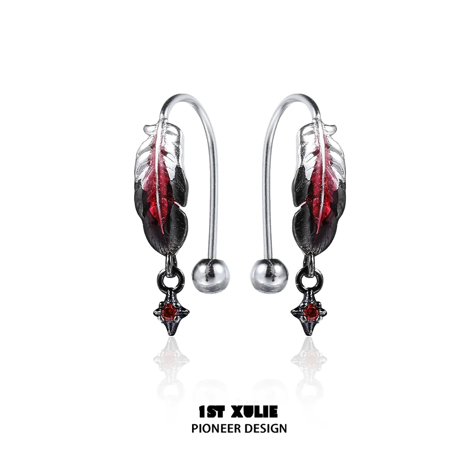 Stylish red feather earrings with metal accents for a trendy look by 1STXULIE
