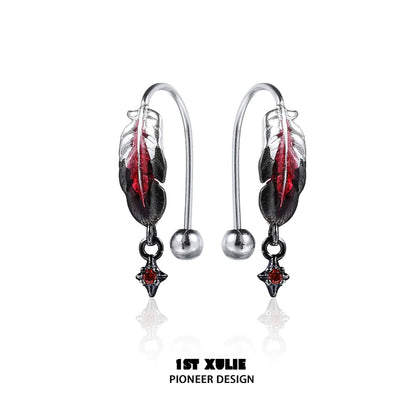 Stylish red feather earrings with metal accents for a trendy look by 1STXULIE
