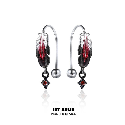 Stylish red feather earrings with metal accents for a trendy look by 1STXULIE