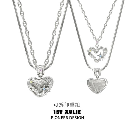 1STXULIE removable clavicle chain necklace featuring heart and star charms for a stylish look