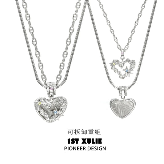 1STXULIE removable clavicle chain necklace featuring heart and star charms for a stylish look
