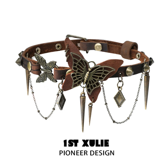1ST XULIE retro butterfly choker with metal accents and decorative chains for a vintage look