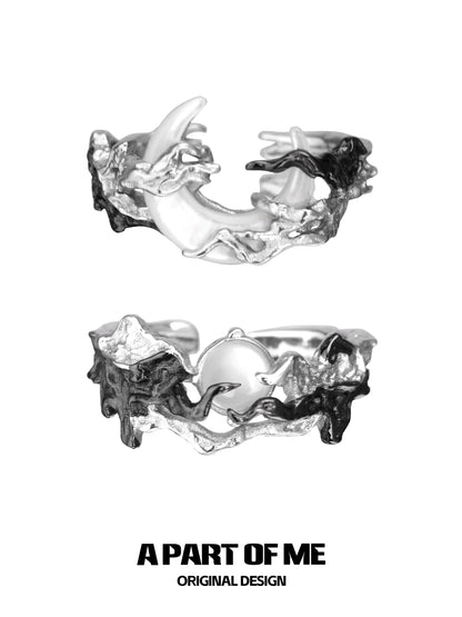 Unique A PART OF ME sunrise moonset couple rings in silver with intricate design for couples