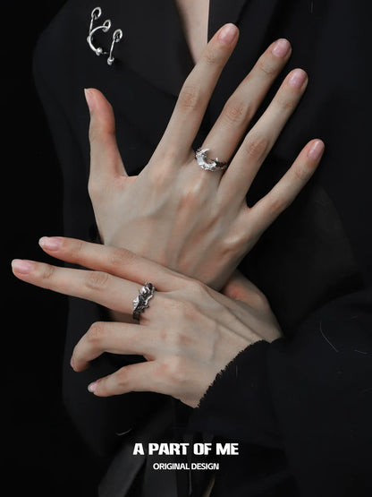 Elegant A PART OF ME sunrise moonset couple rings displayed on hands with intricate designs
