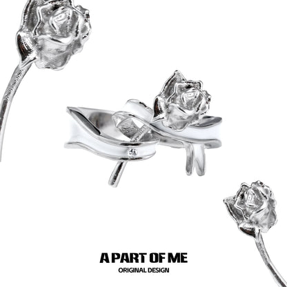 A PART OF ME rose bow silver ring featuring a detailed rose design and sleek finish