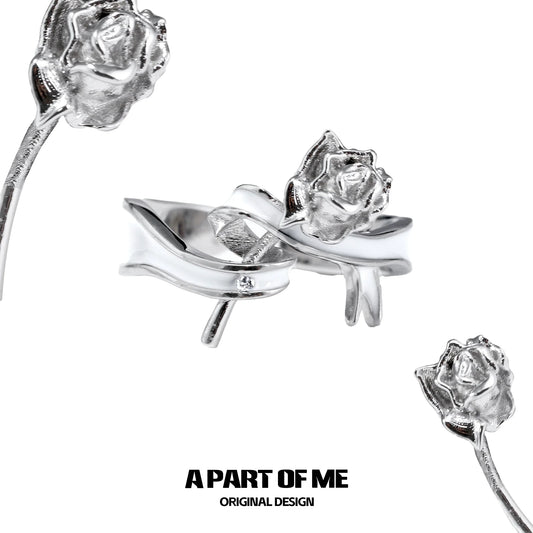 A PART OF ME rose bow silver ring featuring a detailed rose design and sleek finish