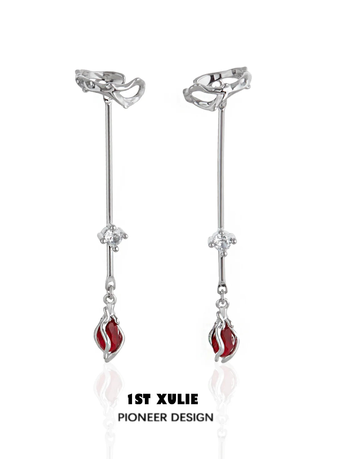 Sterling silver rose ear hangers with red detail and sparkling crystals for a stylish look