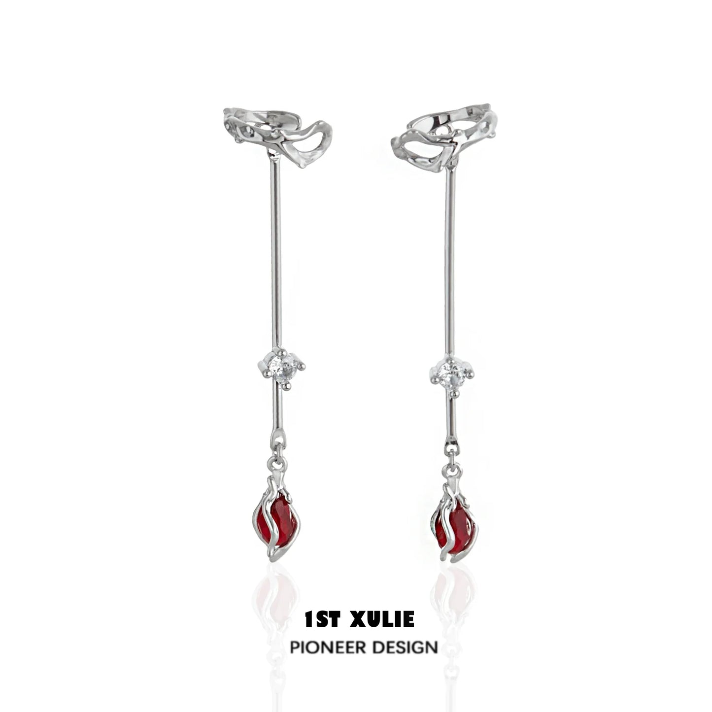 Elegant 1STXULIE rose ear hangers featuring a sleek design with red accents and sparkling crystals