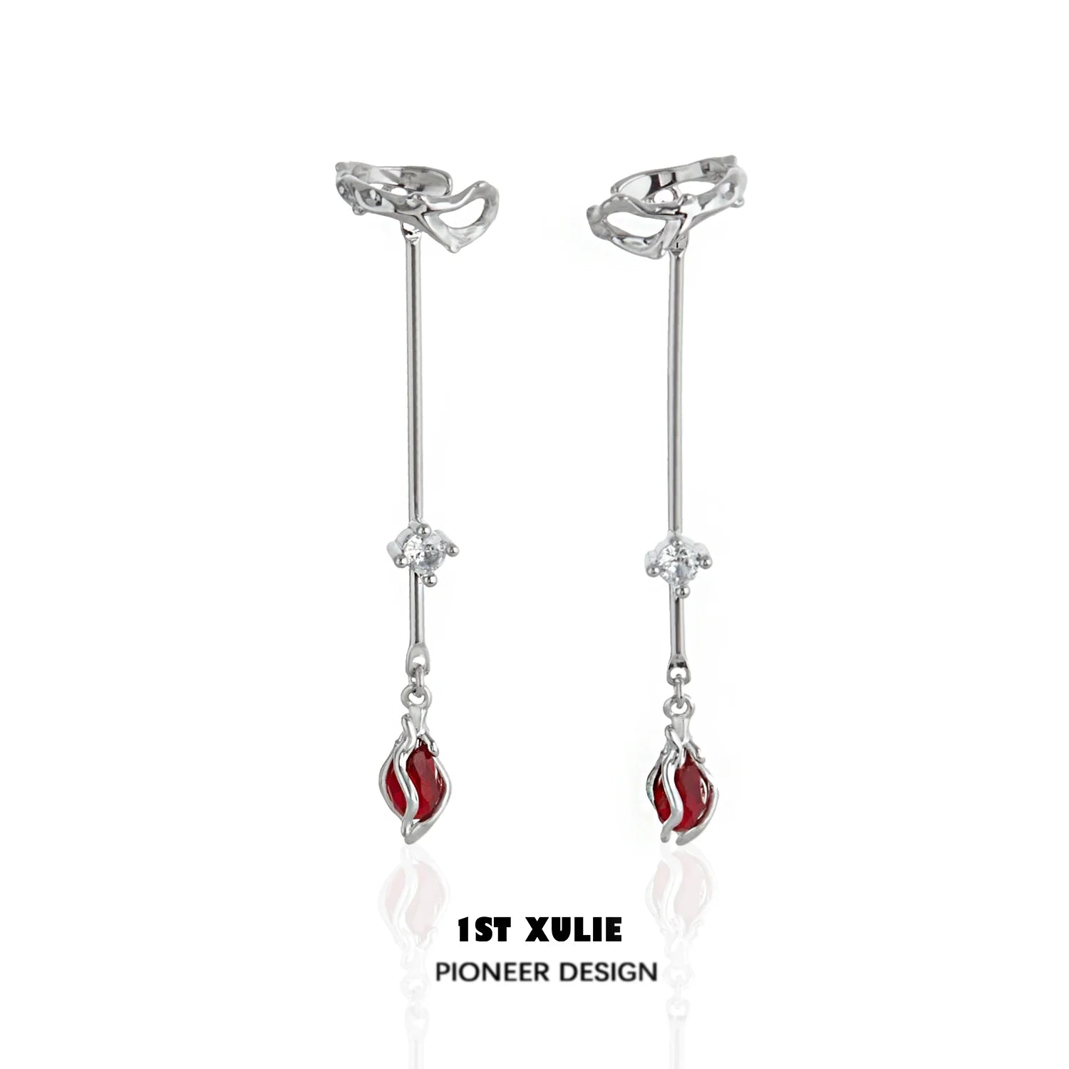 Elegant 1STXULIE rose ear hangers featuring a sleek design with red accents and sparkling crystals