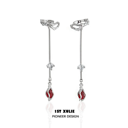 Elegant 1STXULIE rose ear hangers featuring a sleek design with red accents and sparkling crystals