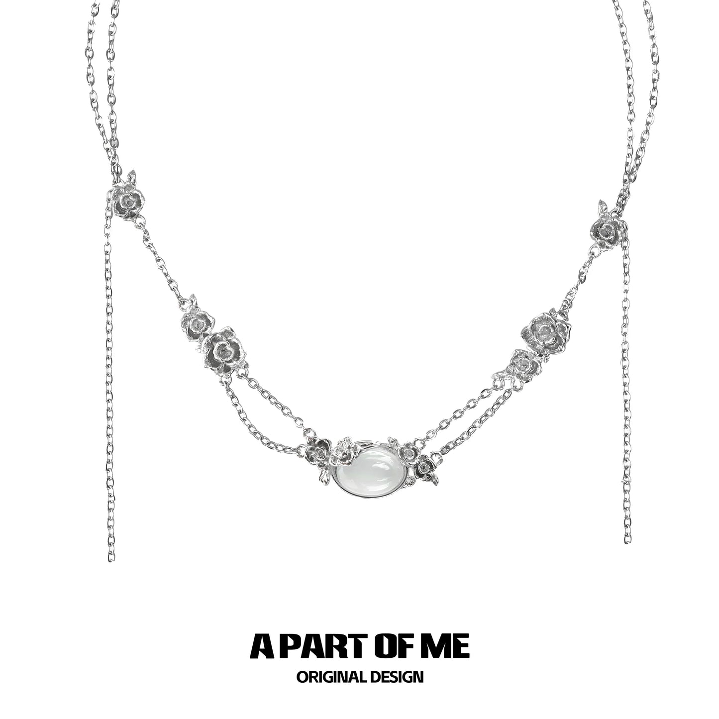 Elegant rose silver necklace with floral accents and a central gemstone design