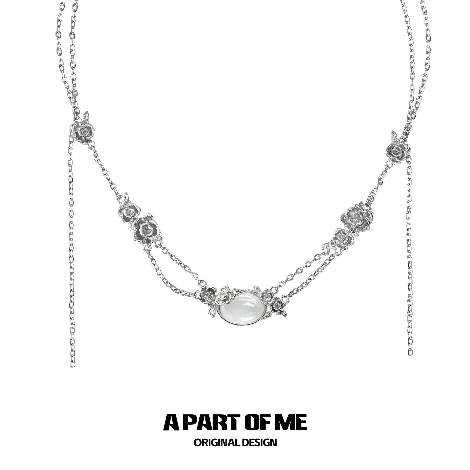 Elegant rose silver necklace with floral accents and a central gemstone design