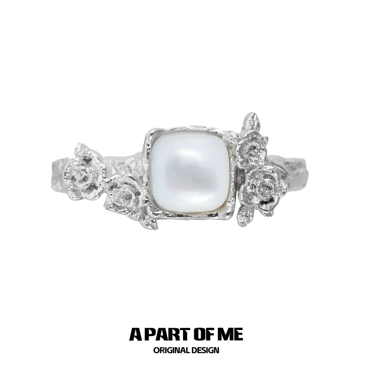 A Part of Me rose silver ring featuring a square pearl and detailed flower accents