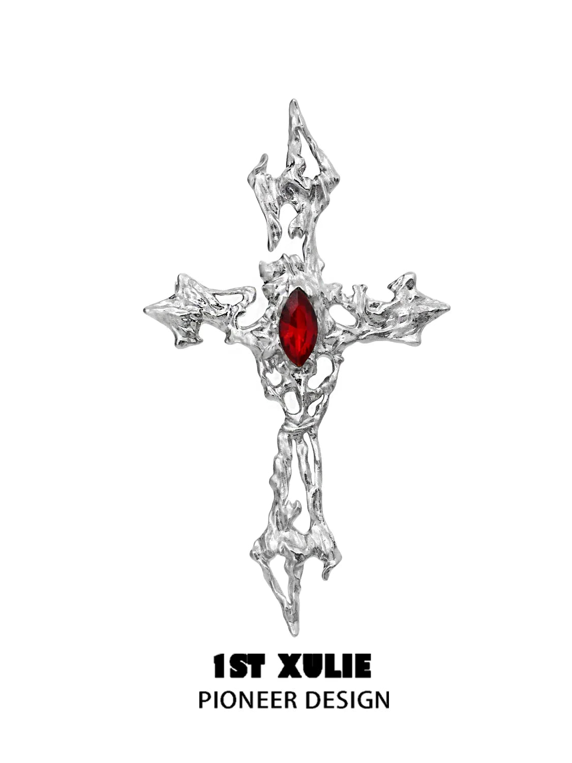 Sacred cross silver brooch with intricate design and red gemstone accent for stylish accessories