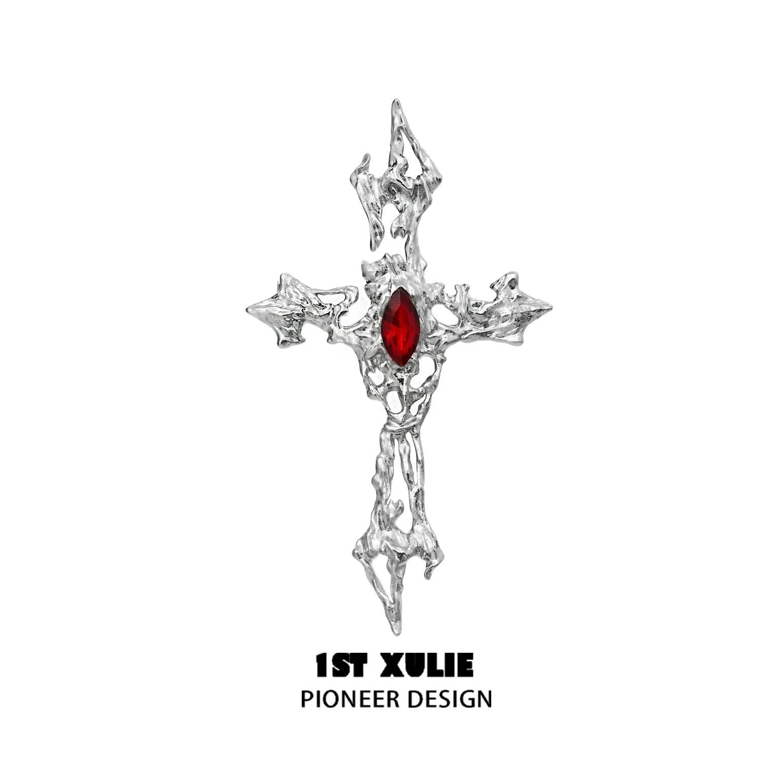 Unique sacred cross silver brooch with intricate design and red gemstone accent
