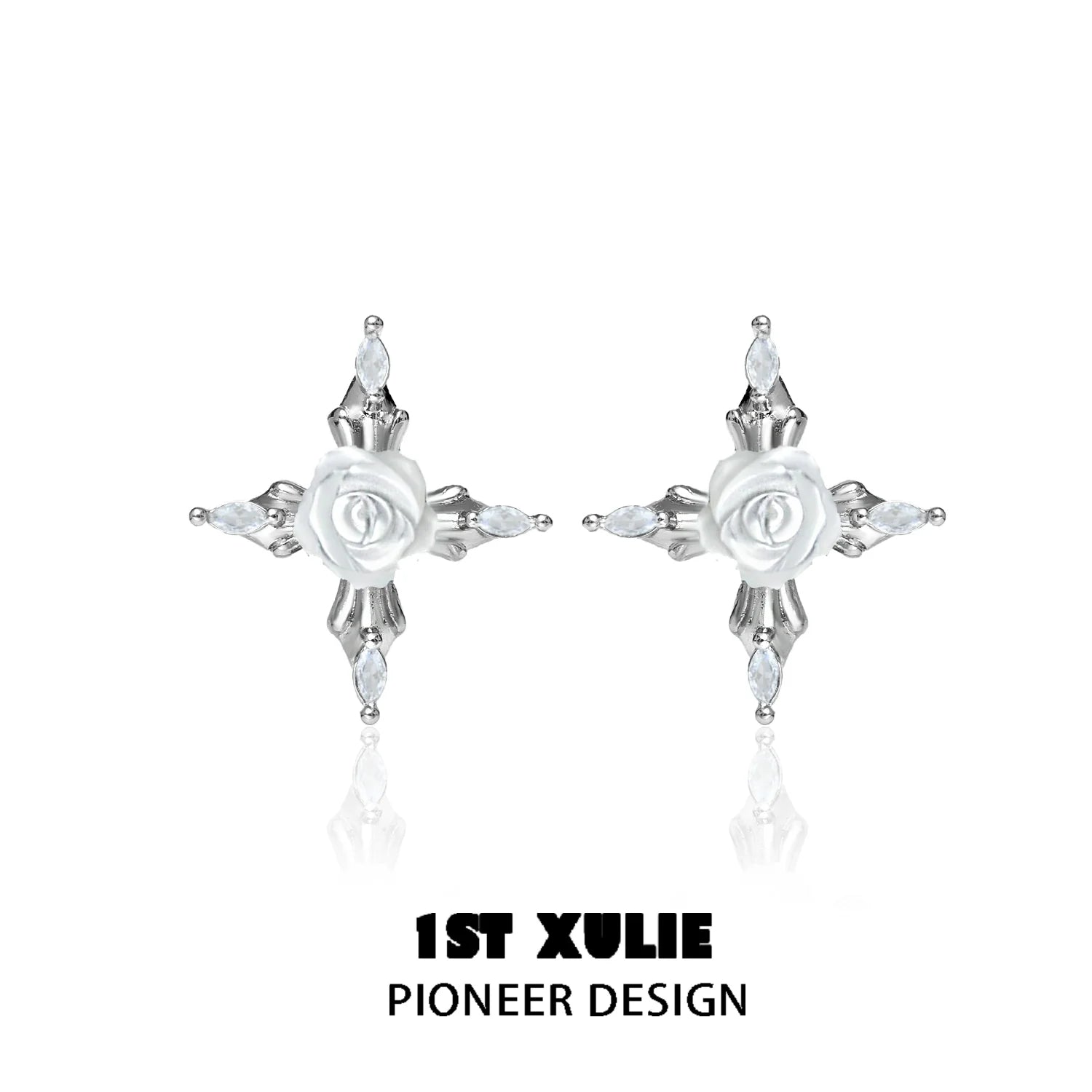 Elegant sacred rose cross earrings with silver finish and sparkling accents for a stylish look