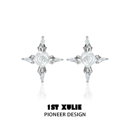 Elegant sacred rose cross earrings with silver finish and sparkling accents for a stylish look