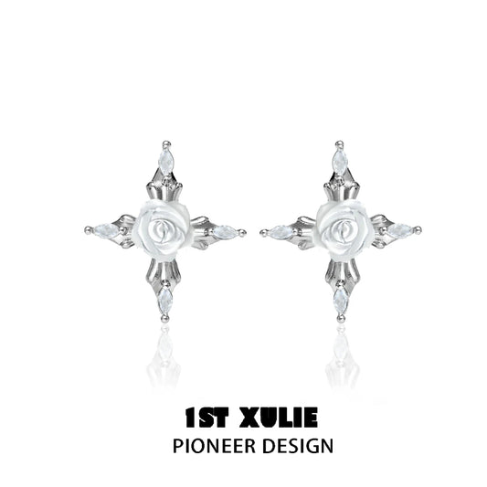Elegant sacred rose cross earrings with silver finish and sparkling accents for a stylish look
