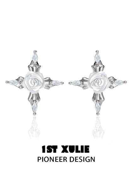 Elegant sacred rose cross earrings featuring a white rose and sparkling accents for a unique look