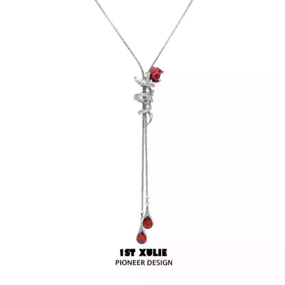 1ST XULIE Scarlet Rose Clavicle Chain Necklace with Elegant Design and Red Gem Accents