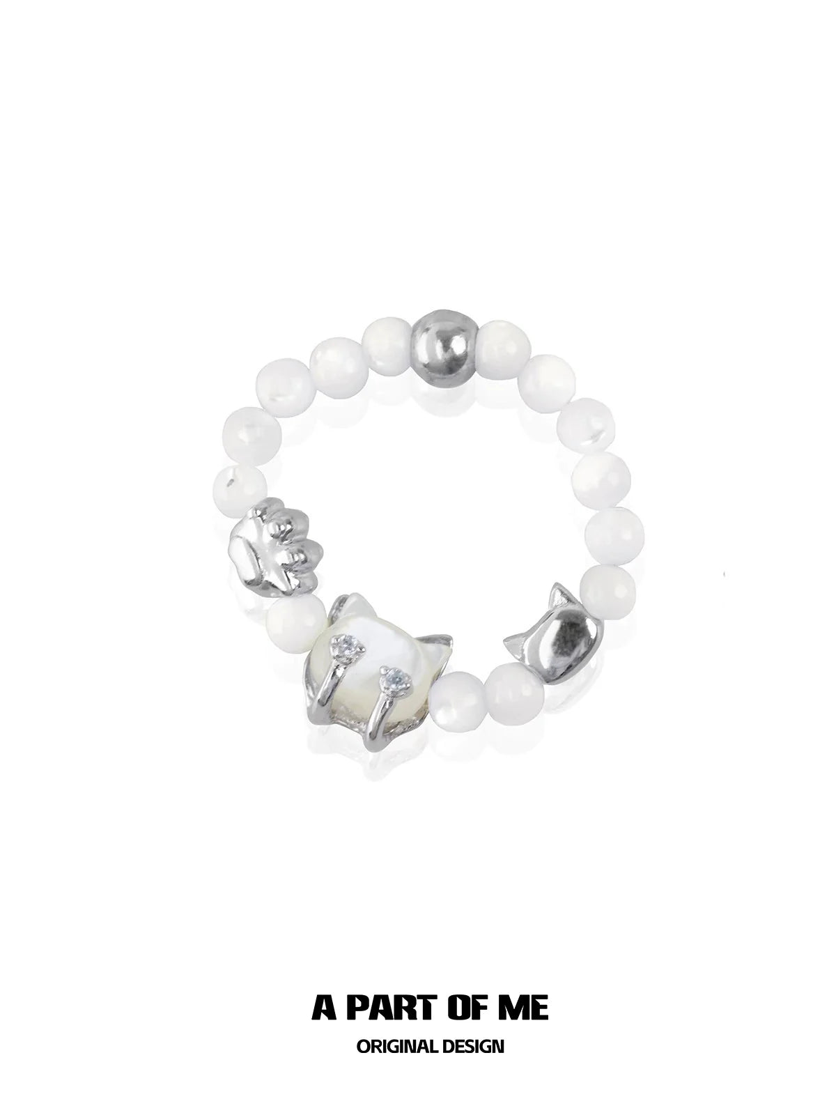 Shell cat beaded ring featuring silver cat charms and white beads for a unique jewelry piece