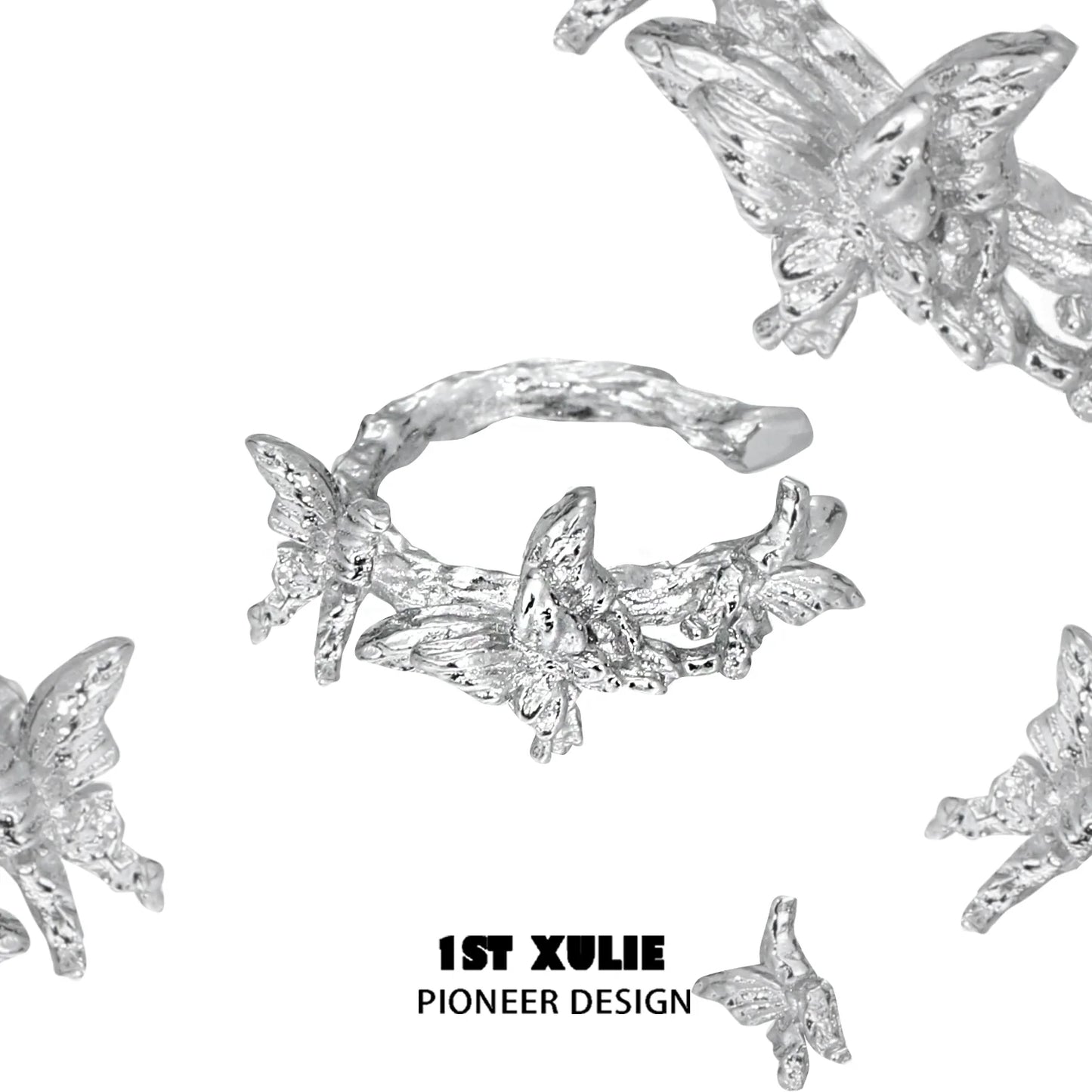 Elegant silver butterfly ear cuff featuring intricate butterfly and floral designs by 1ST XULIE