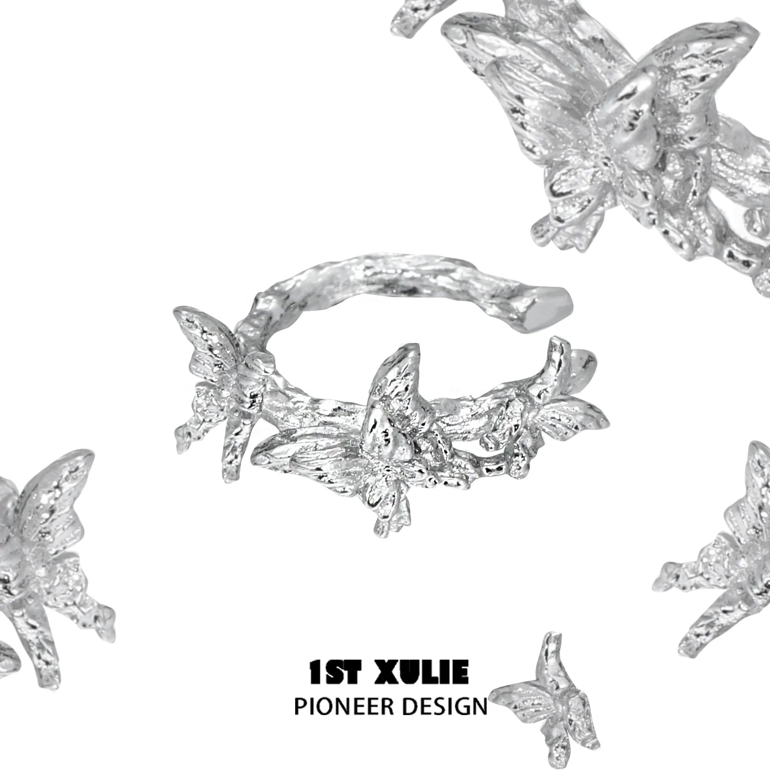 Elegant silver butterfly ear cuff featuring intricate butterfly and floral designs by 1ST XULIE