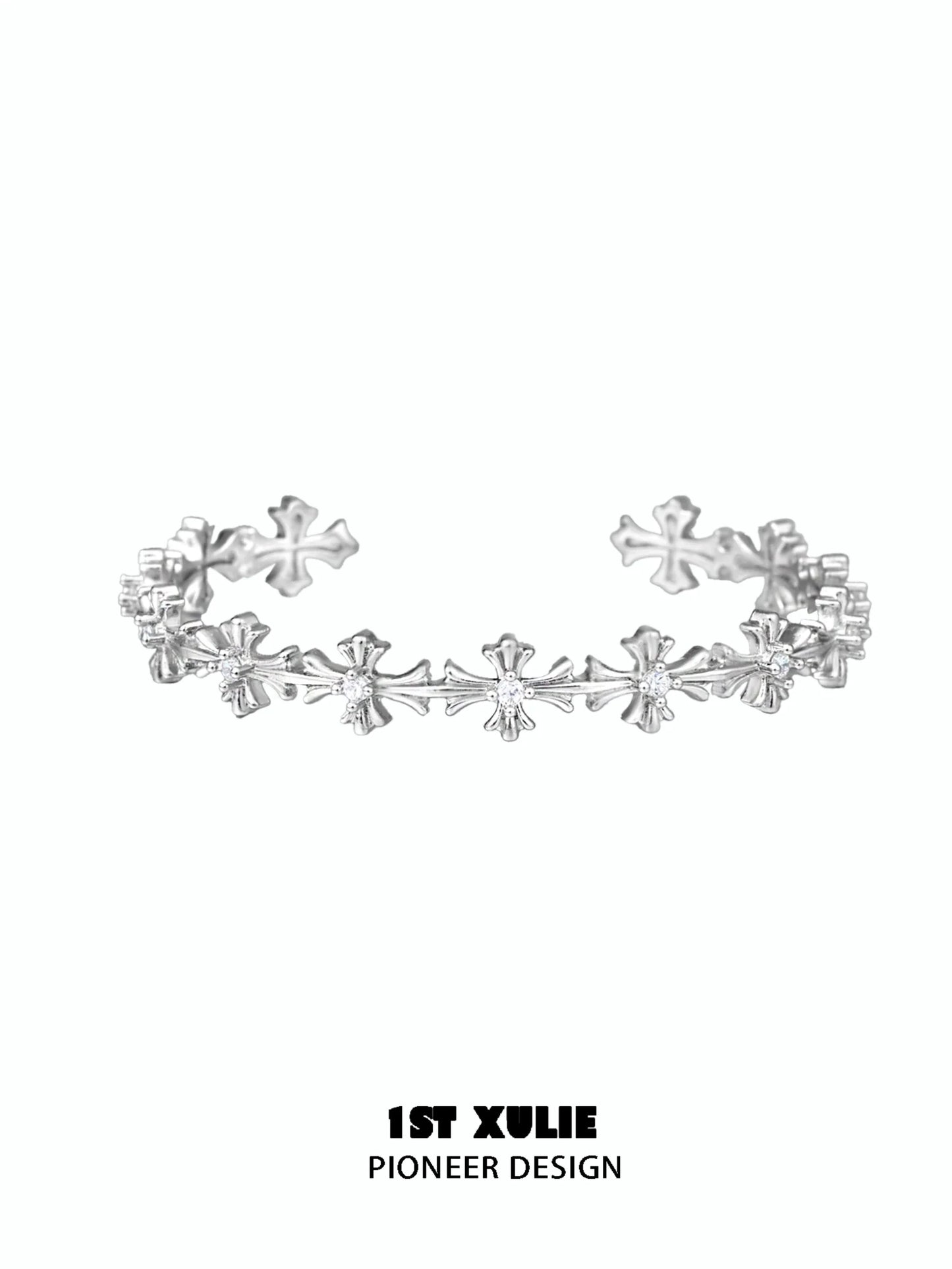 Elegant silver cross bracelet from 1STXULIE featuring a unique pioneer design